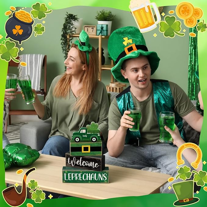 Lineshading 4 Pcs Wooden Leprechaun Block Signs Tiered Tray Decor | Rustic Farmhouse Shamrock Truck Signs, Stackable Tabletop Decor for St Patricks Day, Home Decor and Gifts