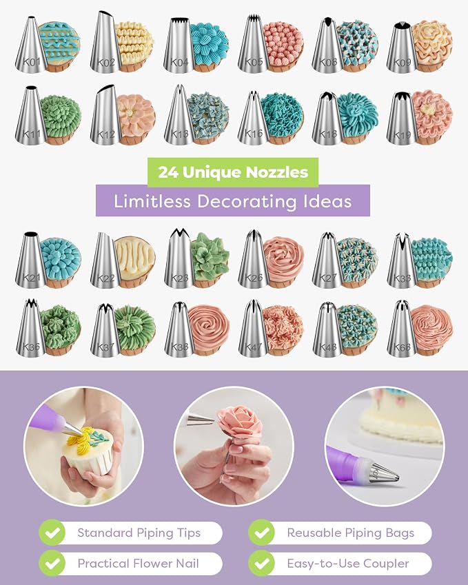 Kootek 32 Piping Bags and Tips Set Frosting Piping Kit for Beginners & Pros | Storage Case, Baking Supplies Tools, 24 Icing Tips, 2 Reusable Piping Bags, 3 Scrapers, for Cupcake Cookie Cake Decorating