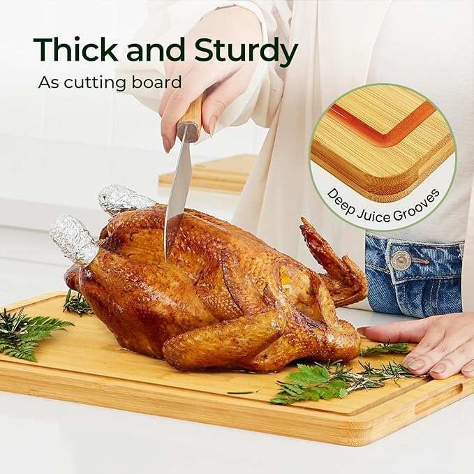 Keechee Natural Bamboo Cutting Board for Kitchen, XL Carving Board | Non Toxic, Resisted-Cracking&Curling, Deep Juice Groove, Side Handles,Cross-Laminated Structure, Knife-Friendly