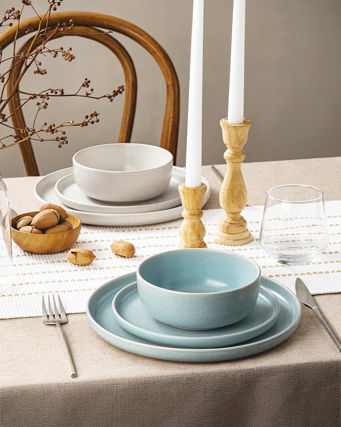 Famiware Milkyway 12-Piece Dinnerware Set, Matte Beige White & Light Blue | Stoneware Plates and Bowls for 4, Reactive Glaze Dish Set, Microwave & Dishwasher Safe, Chip & Scratch Resistant
