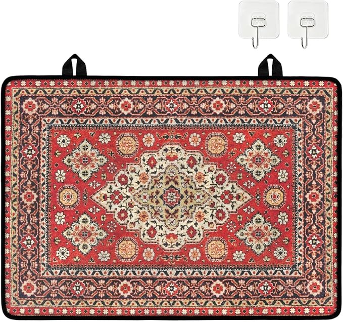 Vintage Red Boho Floral Stove Top Covers for Electric Stove, Bohemia Ethnic Style Glass Stovetop Cover with Lanyard Rug Carpet Pattern Countertop Protector Mat for Kitchen 28 x 20 Inch
