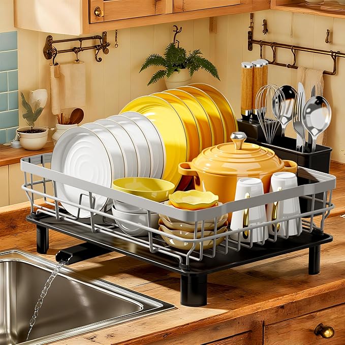 MOUKABAL Dish Drying Rack with Drainboard for Kitchen Counter, Grey | 13×17 Large Capacity/Rustproof Stainless Steel/Fast Drainage Dish Drainer/Removable Utensil Holder/Kitchen Counter Organizer