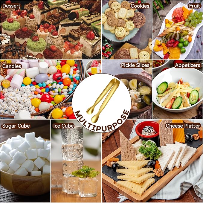 HOTEC 12Pcs Mini Gold Tongs for Serving, 4.3" Small tongs Stainless Steel Sugar Tongs for Coffee Bar, Tea Party, Appetizers, Desserts, Buffet and Ice Bucket Food-Grade & Dishwasher Safe