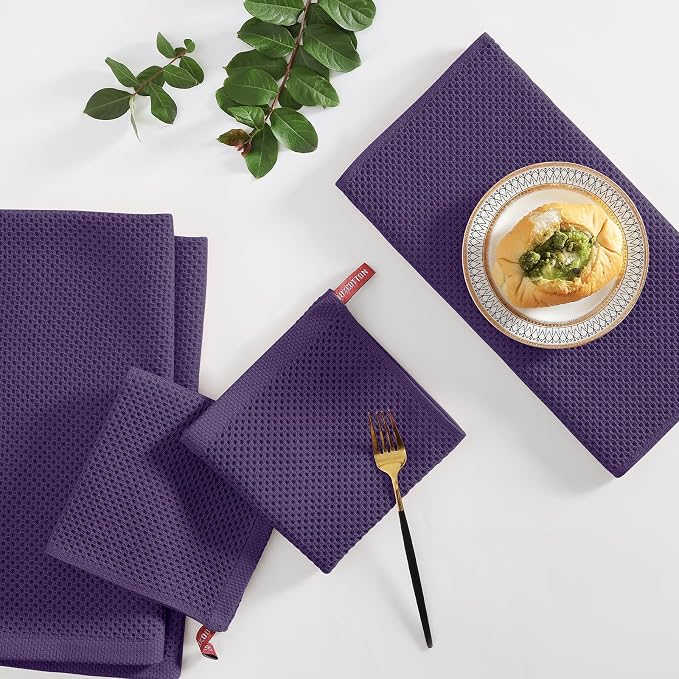 Homaxy 8 Pack 100% Cotton Kitchen Towels and Dishcloths Set, Eggplant | 12 x 12 Inches and 13 x 28 Inches Kitchen Towels Set, Ultra Soft Absorbent Dish Cloths for Washing Dishes