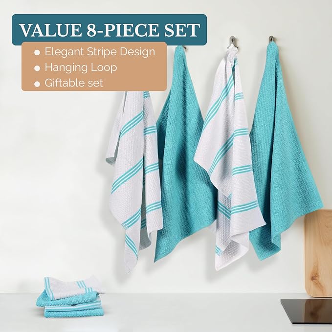 Casa Platino Kitchen Towel Set 8 Pc - 4 Dish Cloths (13"x13") & 4 Dish Towels (16"x26") - Soft, Absorbent & Quick Dry Cleaning Cloths, Hand Towels for Kitchen & Wash Rags for Absorbing Spills - Aqua.