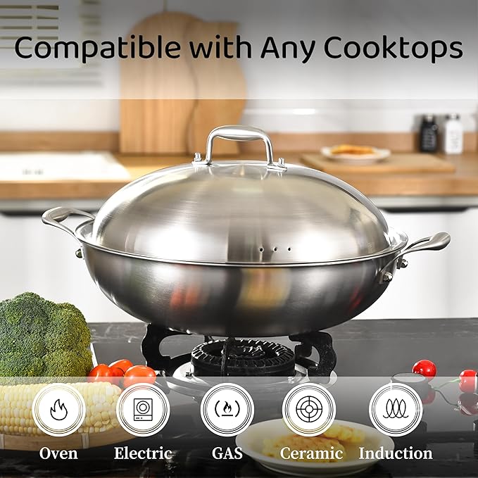 14.5 Inch Stainless Steel Wok with Steel Lid | Jumbo Cooker | Dual Handles | Large | Uncoated Tri-Ply Stir Fry Pan | Everyday Cooking Wok for Induction | Flat Bottom | PFOA-FREE | 6-8 Servings ﻿