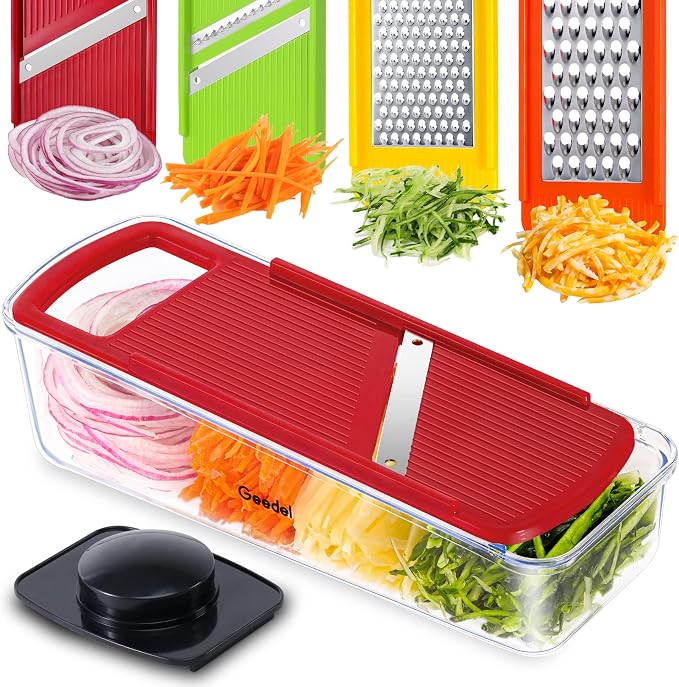 Geedel Professional Mandoline Slicer for Kitchen, Multi Purpose Vegetable Slicer Cutter, Vegetable Cutter Onion Cutter for Veggie Fruit Cheese | Slice, Shred & Julienne, Sharp Stainless Steel Blades, Dishwasher Safe, No BPA, Safety Hand Guard, For Vegg...