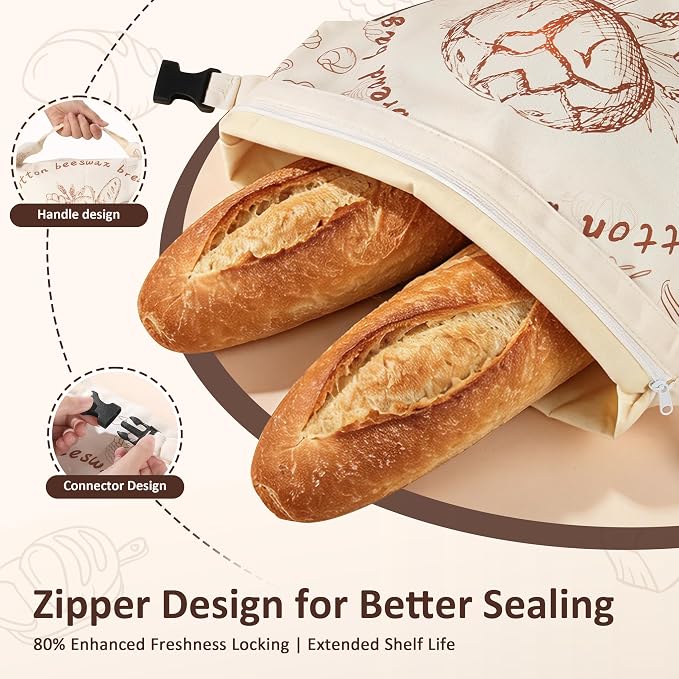 Beeswax Bread Bags for Homemade Bread, 3 Pack Large 16.9"x12.6" Reusable Natural Beeswax Lined Cotton Bags, Zipper and Lock Closure for Maximum Freshness, Zero Waste Kitchen Essential for Sourdough