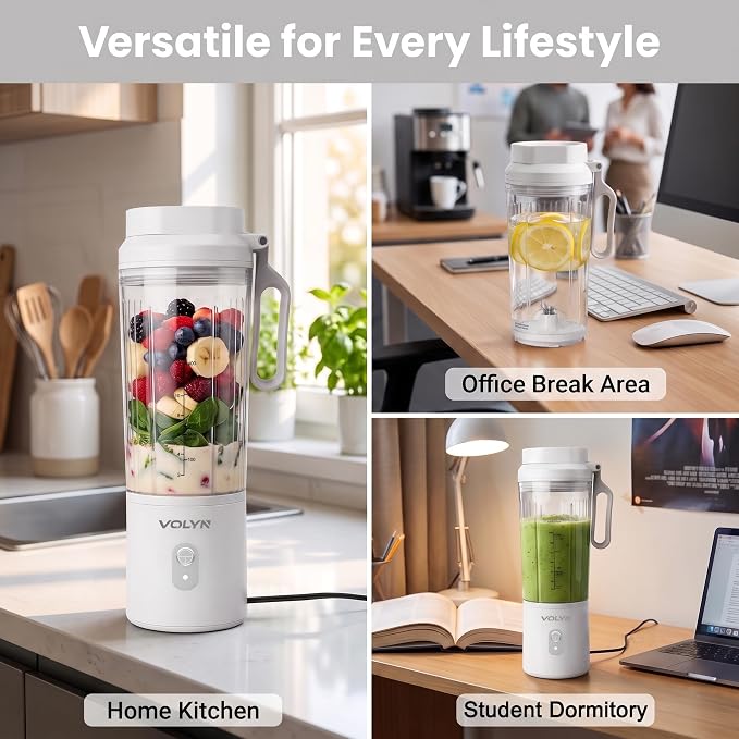 VOLYN Mini Electric Blender Smoothie Maker with Straw & Cleaning Brush | Mini Personal Blender for Fruit Drinks, Smoothies & Milkshakes, Compact Space-Saving Design for Kitchen and Office, White