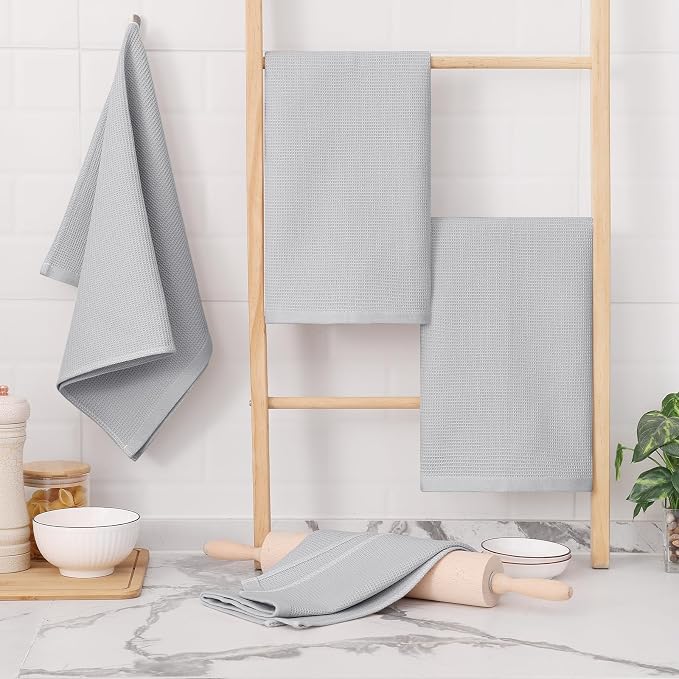 Homaxy 100% Cotton Waffle Weave Kitchen Towels, 6 Pack, Light Grey | Soft and Absorbent Dish Towels, 16 x 26 Inches Quick Dry Hand Towels