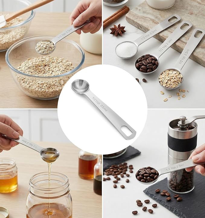 5PCS 1/2 Teaspoon Measuring Spoon, 4.5 Inch Stainless Steel 1/2 Teaspoon Scoop Short Handle for Precise Cooking & Baking (Silver, 2.5ml)