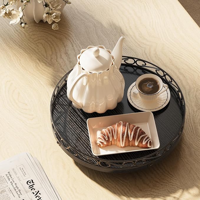 12" Lazy Susan Turntable Organizer for Table Top, Wood Lazy Susan Cabinet | Farmhouse Rotating Decor Tray for Dining Table, Pantry, Kitchen Countertop, Spice, Bathroom Vanity, Round Patterned Rim,Black