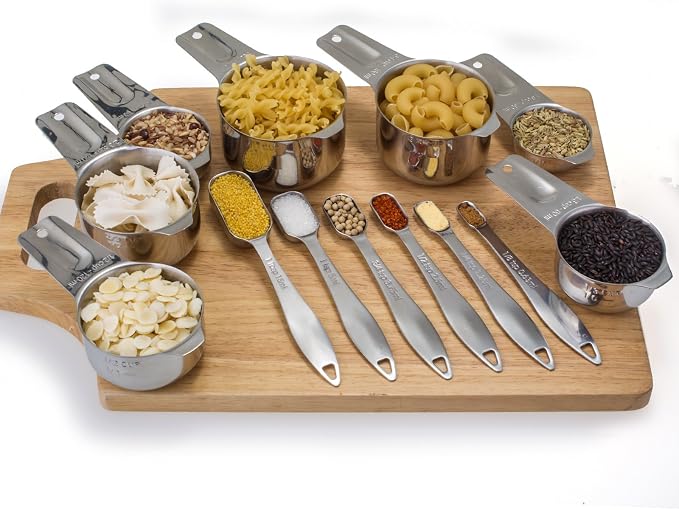 13-Piece Measuring Cups and Spoons Set, 18/8 Stainless Steel, Silver | Clearly Marked US and Metric Measurements, 7 Cups and 6 Spoons Nest for Dry and Wet Ingredients in Cooking and Baking