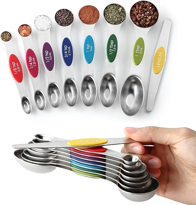 Spring Chef Stainless Steel 8 Magnetic Measuring Spoons, 2 Pack, Multicolor | Dual Sided Metal Teaspoon & Tablespoon Measuring Spoons with Leveler for Dry & Liquid Ingredients, Nesting, Dishwasher Safe