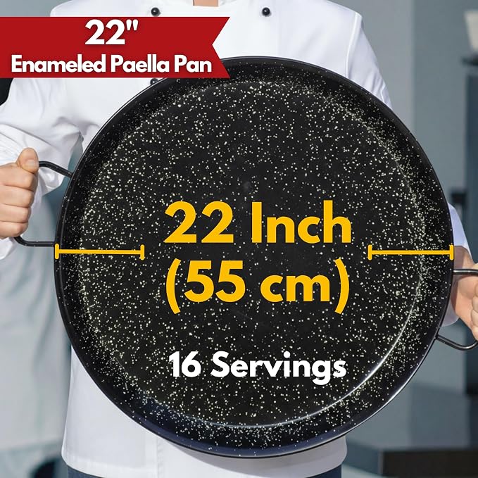 Paelluxe Paella Pan Enameled No-Rust Steel Skillet - 22 Inch, 16 Servings | Outdoor Propane Burner Only - Too Wide for Kitchen Stoves & Ovens. 1.2mm Carbon Steel, Easy-Clean Enamel, Handle Holders