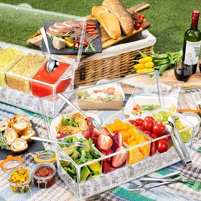 Condiment Tray with Stainless Steel Tableware, Chilled Condiment Server | Bar Accessories with 5 Spoons, 5 Forks and 1 Clip with Removable Trays and Lid