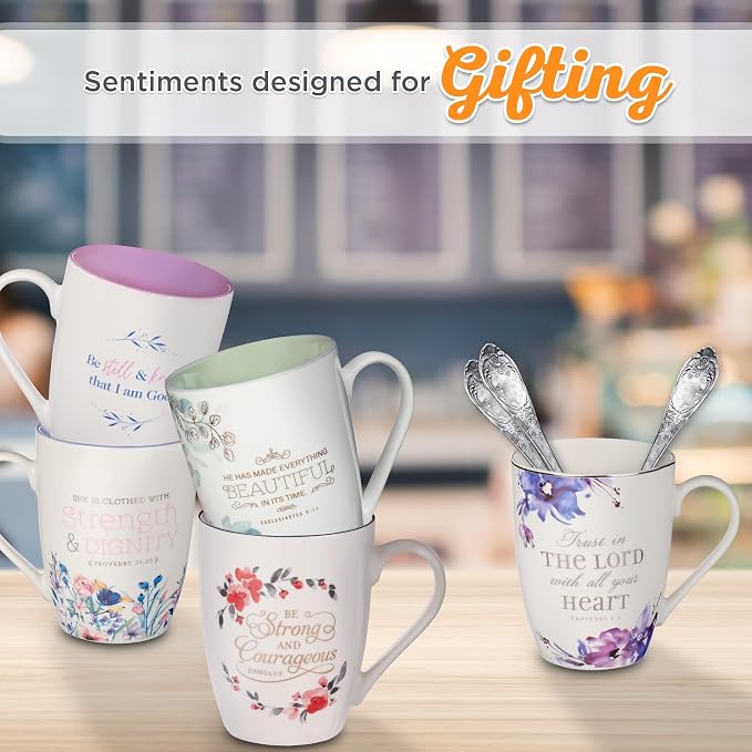 Christian Art Gifts Scripture Ceramic Encouraging Coffee and Tea Mug for Women: Strength and Dignity - Proverbs 31:25 Inspirational Bible Verse Cup for Hot and Cold Beverages, White & Lavender 12 oz.