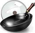 Carbon Steel Wok Pan, 11.8-Inch Nonstick Pre-Seasoned Woks & Stir-Fry Pans with Glass Lid, No Chemical Coated Wok Round Bottom Hand Hammered Chinese Wok for Gas Stoves