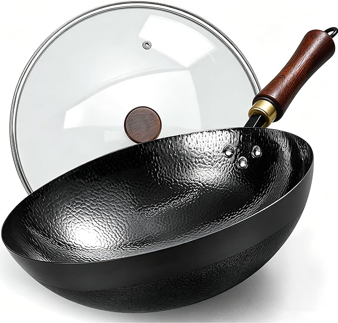 Carbon Steel Wok Pan, 11.8-Inch Nonstick Pre-Seasoned Woks & Stir-Fry Pans with Glass Lid, No Chemical Coated Wok Round Bottom Hand Hammered Chinese Wok for Gas Stoves