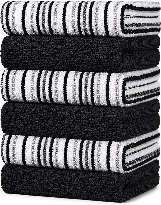 Bumble Kitchen Towels 6 Pack 100% Cotton 16"x26" - Black | 430 GSM Soft Kitchen Hand Towels with Hanging Loop, Highly Absorbent & Durable for Washing and Drying Dishes
