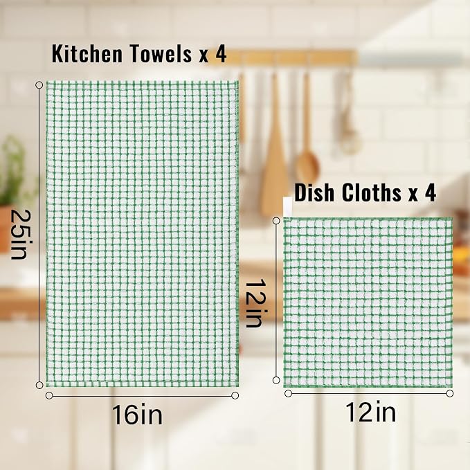 Homaxy Kitchen Towels and Dishcloths Set (16”x 25” and 12”x 12”, 12 Pack) | Cotton Terry Kitchen Dish Towels, Super Soft and Absorbent Dish Cloths, Black/Grey/Yellow/Green