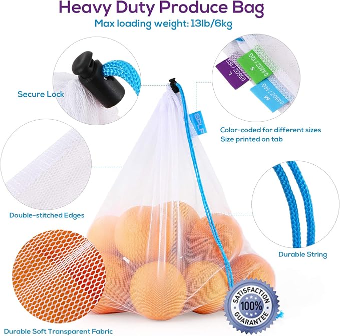 12 Pcs Heavy Duty Reusable Mesh Produce Bags | Barcode Scanable See Through Food Safe Mesh Bags with Drawstring for Fruits, Vegetable, Food, Toys, Grocery Storage