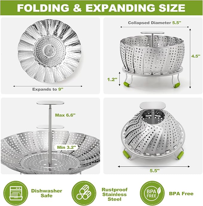 Pavsrmy Steamer Basket, 3rd Generation Stainless Steel Vegetable Steamer with Extendable Handle for Cooking Food, Folding & Expandable Veggie Steam Insert, Fit Various Size Instant Pot (5.5" to 9")