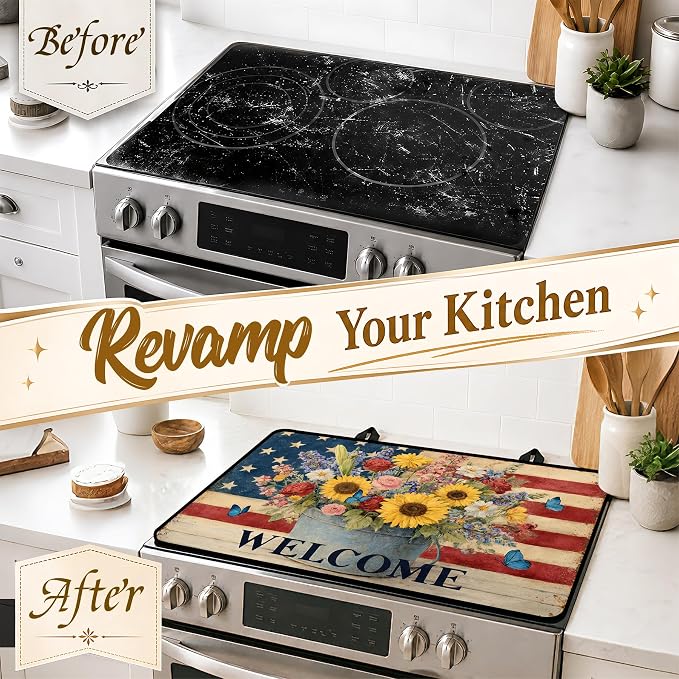 Patriotic Electric Stove Top Cover, Heat Resistant Glass Cooktop Protector for Kitchen Ceramic Countertops, Multiuse Stove Cover and Dish Drying Mat