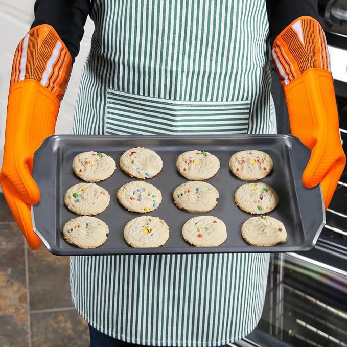 Alselo Silicone Oven Mitts Set, Heat Resistant 550 Degree,7.5"x16" | Extra Long Kitchen Mittens,Waterproof & Non-Silp Oven gloves for Baking Cooking Barbecue Microwave (Extre long Orange, 2)