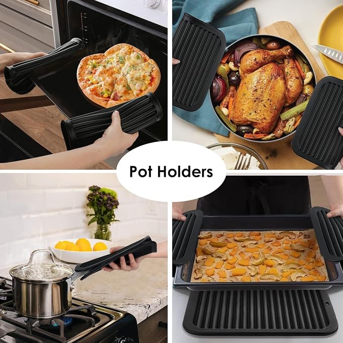 Silicone Trivets for Hot Pots and Pans, 4 Pack Heat Resistant Pot Holders for kitchen, Large Silicone Trivet Mat for Hot Dishes, Black Hot Pads for Kitchen Counter, Hot Mats Spoon Rest, 9 * 12 Inches