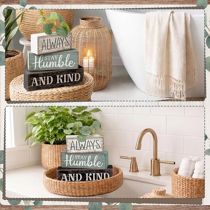 Lineshading 4 Pcs Inspirational Farmhouse Table Decor Wooden Shelves Signs | Always Stay Humble and Kind Quote, Rustic Wooden Blocks, Eucalyptus Accent, Tiered Tray Tabletop Home Decor Gift