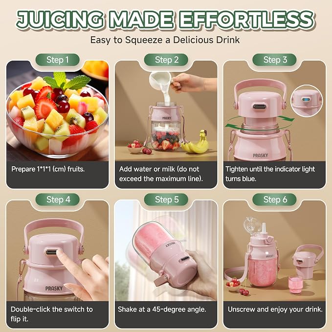 Portable Blender, Prasky Personal Blenders for Shakes and Smoothies with 27oz Cup, Lid and Shoulder Strap, Type-C USB Rechargeable, Personal Size Blenders BPA-free for Travel/Kitchen (Light Pink) | Personal Size Blenders for Shakes and Smoothies with 2...
