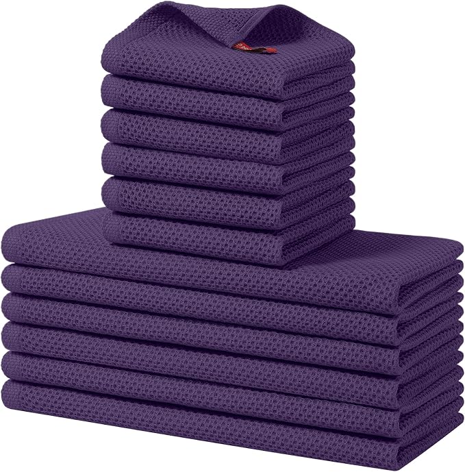 Homaxy 12 Pack 100% Cotton Kitchen Towels and Dishcloths Set, Eggplant | 12 x 12 Inches and 13 x 28 Inches Kitchen Towels Set, Ultra Soft Absorbent Dish Cloths for Washing Dishes