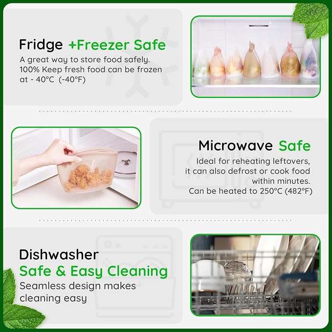 Reusable Silicone Food Storage Bags, 3-Pack Variety Set (2, 3.5, 6 Cups), Made in Korea BPA-Free Silicone, Triple-Airtight Freezer Bags, Microwave Safe, Sous Vide, Zip Lock Pouch, White