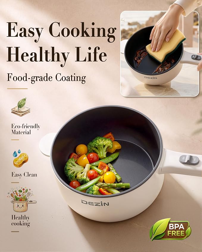Dezin 2L Hot Pot Electric, Non-Stick Electric Pan, 700W Adjustable Power | Electric Pot for Cooking/Steak/Egg/Fried Rice/Ramen/Soup, Portable Pot for Dorm/RV/Family/Travel/Camping, Include Spatula