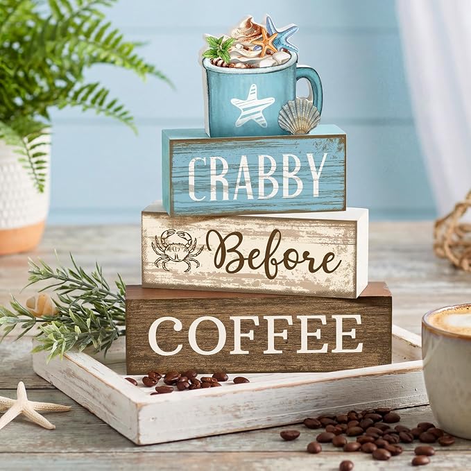 Lineshading 4 Pcs Coffee Beach Decor Wooden Blocks, Coastal Tiered Tray | Stackable Farmhouse Signs, Blue White Summer Decoration, Rustic Wooden Blocks for Coffee Bar, Home Tabletop