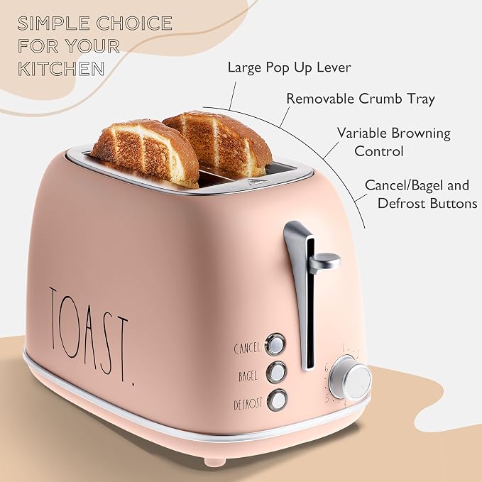 Rae Dunn Retro Rounded Bread Toaster, 2 Slice Stainless Steel Toaster with Removable Crumb Tray, Wide Slot with 6 Browning Levels, Bagel, Defrost and Cancel Options, Blush