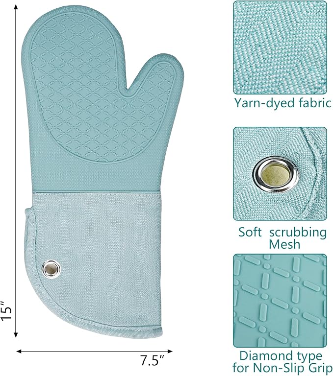 Professional Microwave Silicone Oven Mitts one Pair, Kitchen Mitten Set | Heat Resistant with 500 Degrees Oven Gloves Pot Holder for BBQ Cooking Baking (Light Blue)
