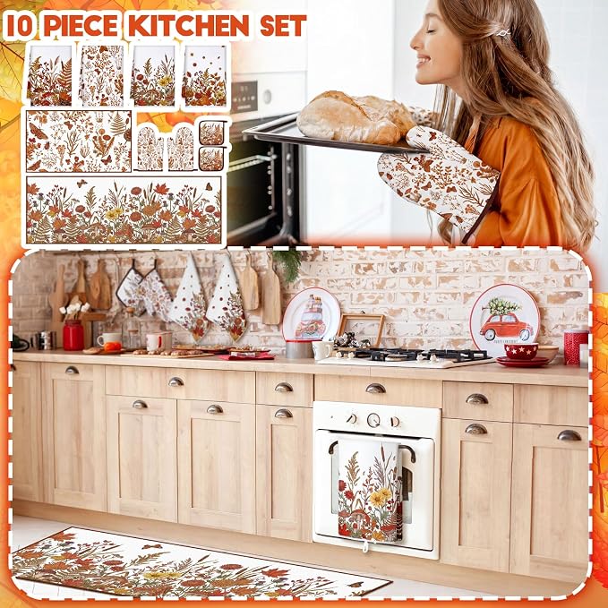 Fourluoo 10 Pcs Fall Floral Kitchen Decor Set Towels Rugs Oven Mitts and Pot Holders Autumn Kitchen Accessories Set for Cooking Baking Grilling Housewarming Gift