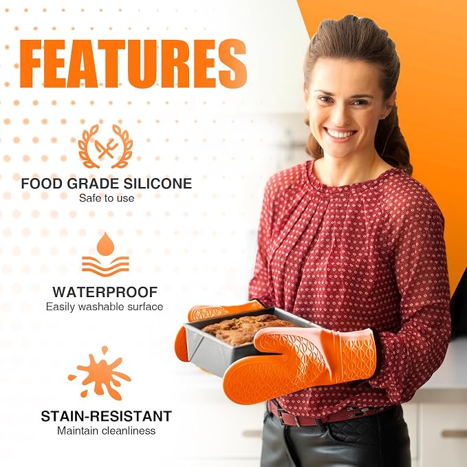 Silicone Oven Mitts, Heat Resistant 2PCS Oven Mitts with Soft Cotton Lining, Waterproof Non-Slip Grip Oven Glove, Kitchen Potholder Mits for BBQ, Baking, Cooking, 12.5 Inch - Orange