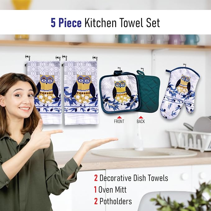 Lobyn Value Pack Whimsical Blue Owl, 5 Piece Set | Kitchen Towel Set with 2 Decorative Dish Towels (25 X15), 1 Oven Mitt (11 X 7) and 2 Potholders (6.5 X 6.5)