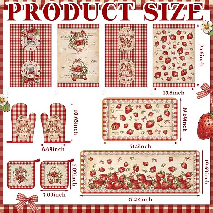 Fourluoo 10 Pcs Rustic Strawberry Kitchen Decor Set Dish Towels Rugs Oven Mitts and Pot Holders for Cooking Baking Grilling Women Mom Gift