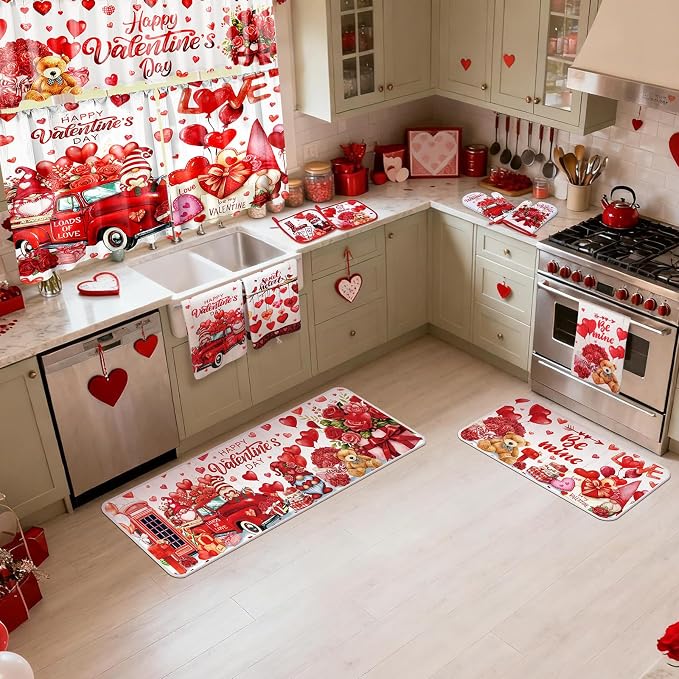 13 Pcs Valentine's Day Kitchen Sets with Kitchen Towels Non Slip Mats Curtains Valance Pot Holders Oven Mitts Red Love Heart Home Decor Accessories Sets for Valentines Cooking Grilling Baking Gift
