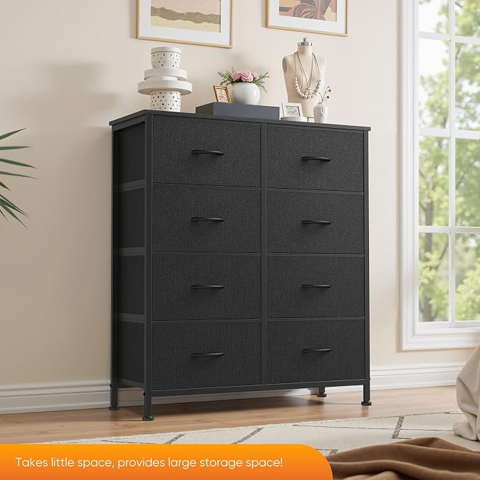Sweetcrispy 8 Drawer Dresser with Fabric Bins for Bedroom Storage, Black | Closet Organizer, Tall Chest of Drawers with Steel Frame and Wood Top, Easy Pull Handles, Hallway Entryway