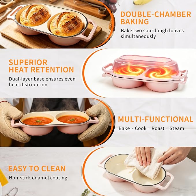 Double Enameled Cast Iron Dutch Oven for Sourdough Bread Baking – 2-in-1 Bread Baker with Lid, Dual Mini Loaf Pan, 500°F Oven Safe, Even Heating for Artisan Bread, Nonstick Enamel