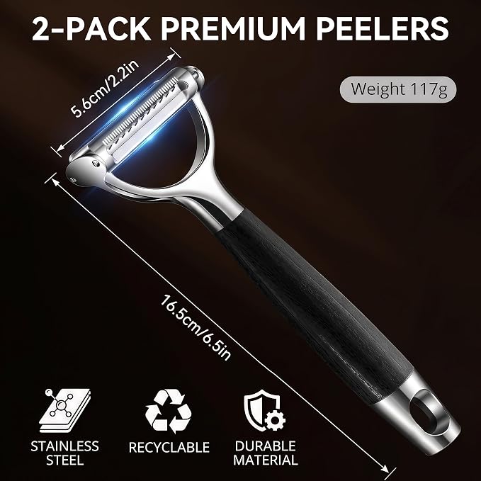 Julienne Peeler Vegetable Peeler, 2-in-1 Y Peeler with Precision Flat & Serrated Blades, Ergonomic Non-Slip Handle Kitchen Tool for Potatoes, Carrots, Cucumbers, Zucchini, Fruits & Salads