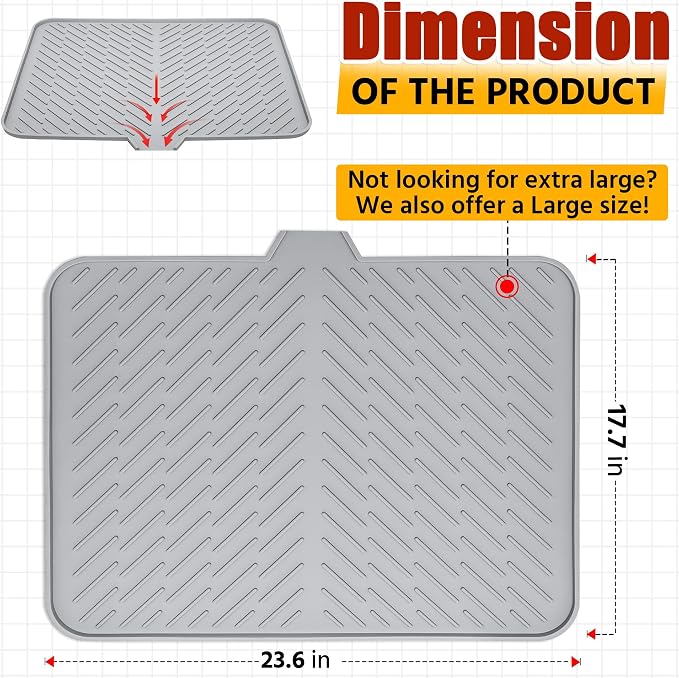 Silicone Dish Drying Mat with Built-in Drain Lip - Hygienic Drying Pad - Sturdy Compact Easy to Clean Tray Protects Surfaces Prevents Water Build Up - 23 X 17 (Grey)