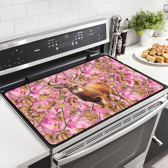 Deer Branch Electric Stove Top Cover Heat Resistant Range Covers for Electric Stove Folding Dish Drying Mat Extra Large Glass Cooktop Covers Printed Flat RV Range Top Mats