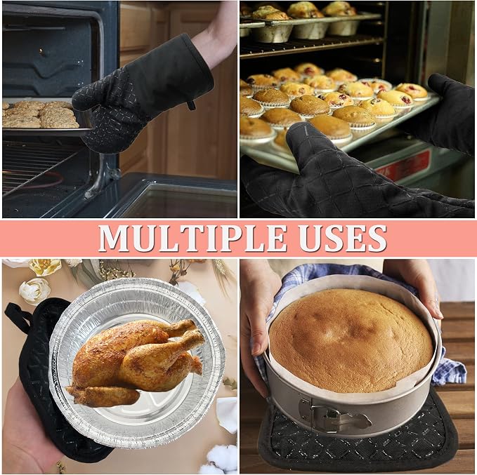 4 Pcs Oven Mitts and Pot Holders,Oven Glove High Heat Resistant 500 Degree,Long Oven Mitts with Recycled Cotton Infill and Silicone Non-Slip Surface for Baking,Kitchen,Cooking(Black)