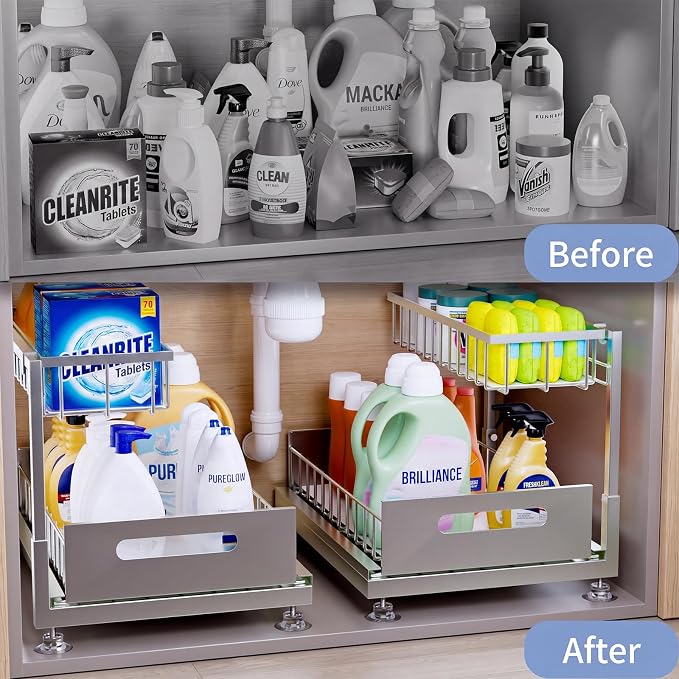 L-Shaped Under Sink Organizer, 2-Tier Pull-out Cabinet Rack 1-Pack | Grey Height-Adjustable Steel Rack, Sliding Grid Drawers with PP Liners, Holds 100 Lbs, Suction Base, Ideal Kitchen Storage